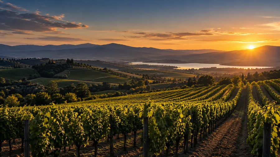 Vineyard rows at sunset (illustrative image)