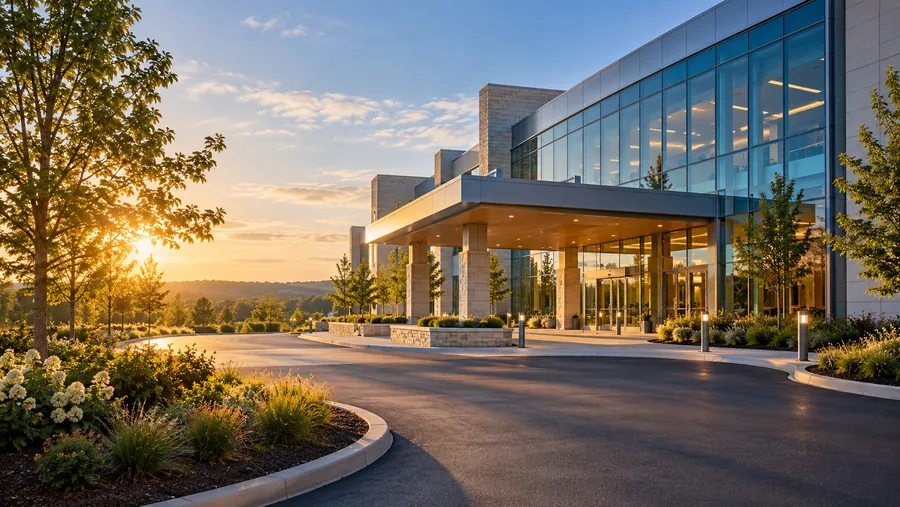 Modern healthcare building at sunset (illustrative image)