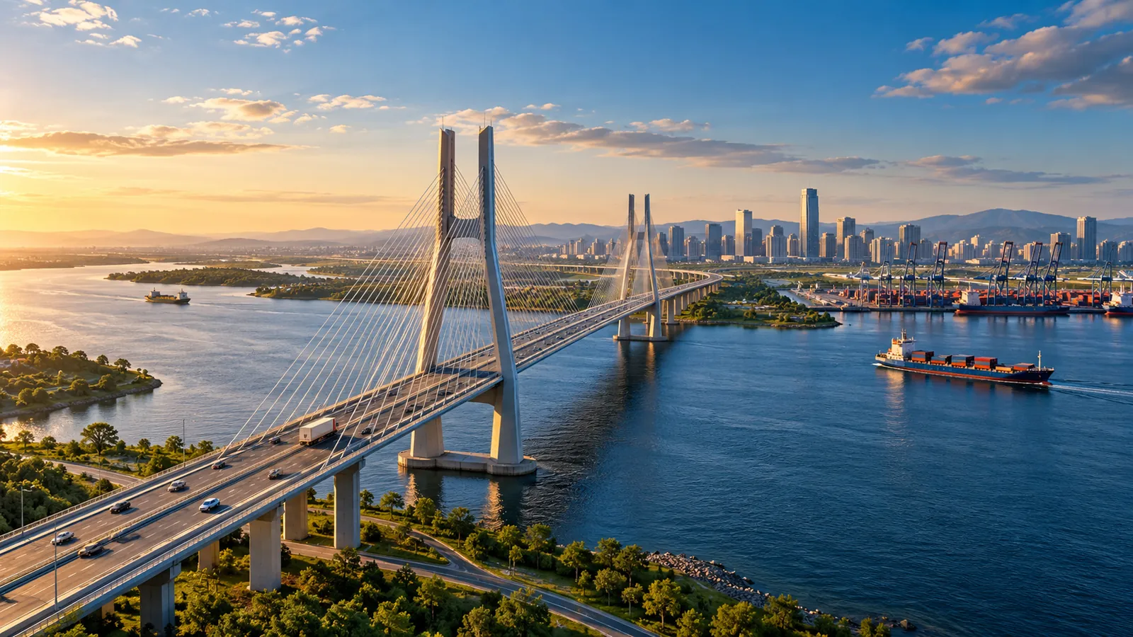 Bridge and port beside a city skyline at dusk (illustrative image)